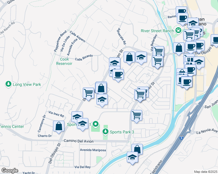 map of restaurants, bars, coffee shops, grocery stores, and more near 26063 Wagon Drive in San Juan Capistrano