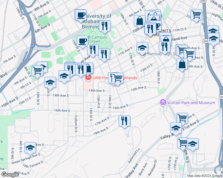 map of restaurants, bars, coffee shops, grocery stores, and more near 1355 14th Avenue South in Birmingham