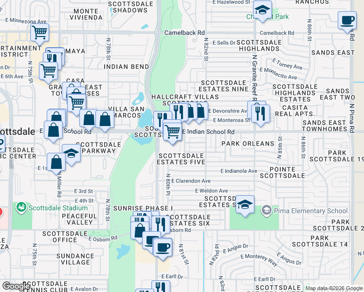 map of restaurants, bars, coffee shops, grocery stores, and more near 8114 East Piccadilly Road in Scottsdale