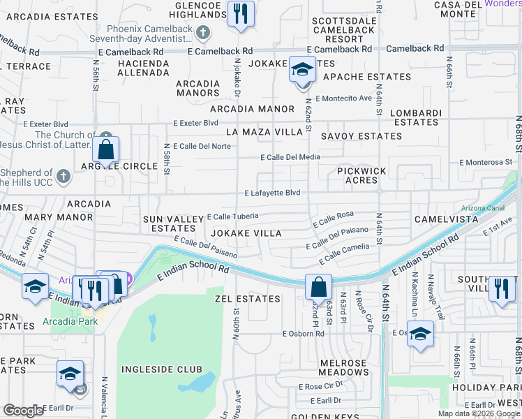map of restaurants, bars, coffee shops, grocery stores, and more near 6017 East Calle Tuberia in Scottsdale