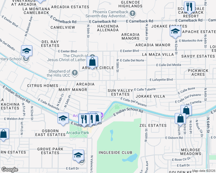 map of restaurants, bars, coffee shops, grocery stores, and more near 5715 East Calle Tuberia in Phoenix