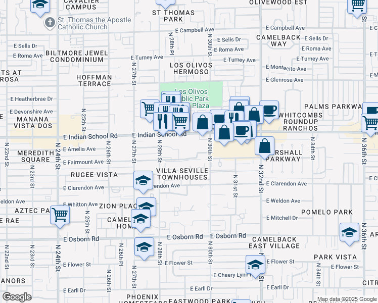 map of restaurants, bars, coffee shops, grocery stores, and more near 2924 East Fairmount Avenue in Phoenix