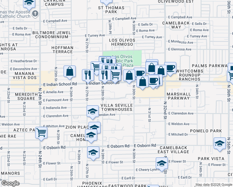 map of restaurants, bars, coffee shops, grocery stores, and more near 2901 East Indian School Road in Phoenix