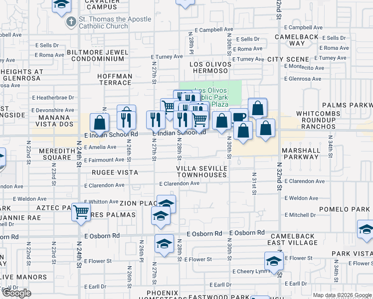 map of restaurants, bars, coffee shops, grocery stores, and more near 2746 East Fairmount Avenue in Phoenix