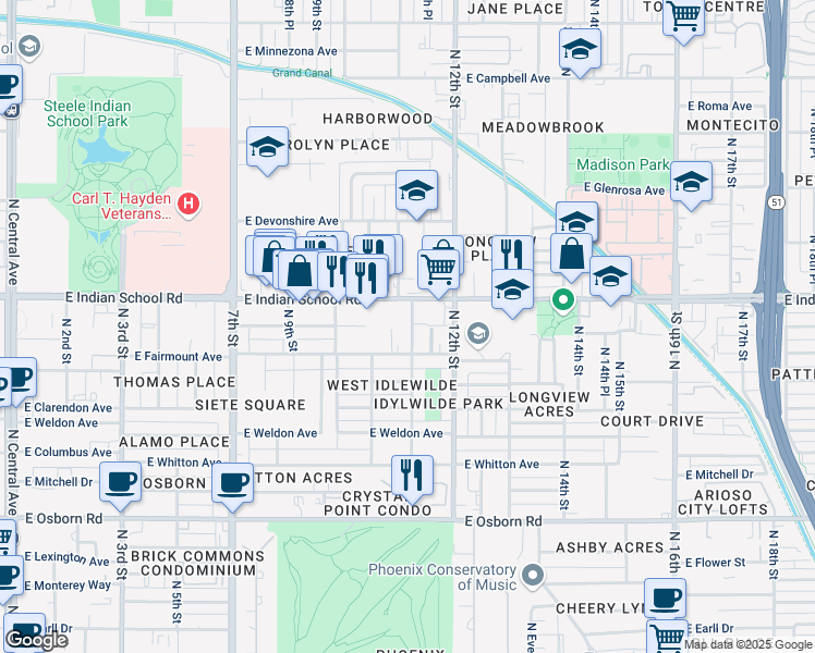 map of restaurants, bars, coffee shops, grocery stores, and more near 3909 North 11th Street in Phoenix