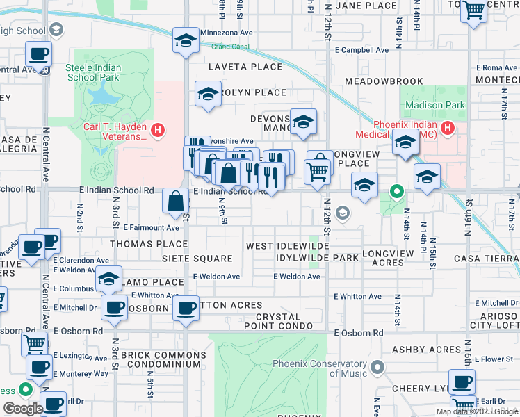 map of restaurants, bars, coffee shops, grocery stores, and more near 1011 East Amelia Avenue in Phoenix
