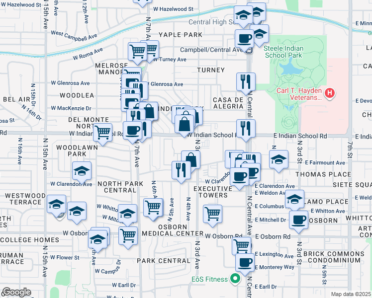 map of restaurants, bars, coffee shops, grocery stores, and more near 3848 North 3rd Avenue in Phoenix