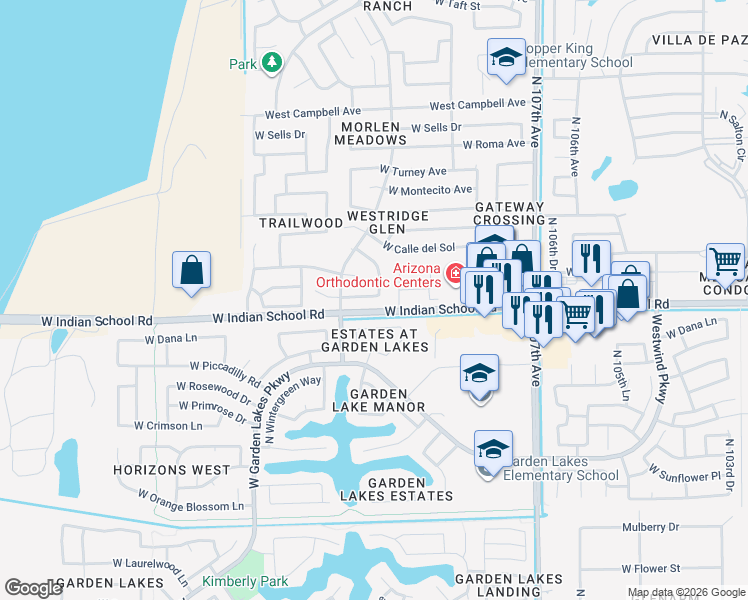 map of restaurants, bars, coffee shops, grocery stores, and more near 11021 West Monterosa Street in Phoenix