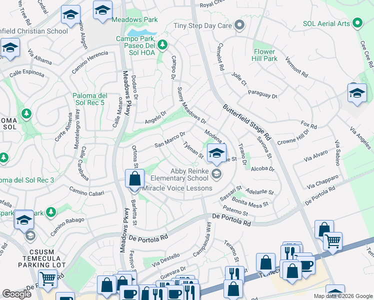 map of restaurants, bars, coffee shops, grocery stores, and more near 43454 Fassano Court in Temecula