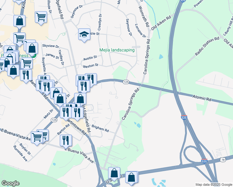 map of restaurants, bars, coffee shops, grocery stores, and more near 533 Hillcrest Drive in North Augusta