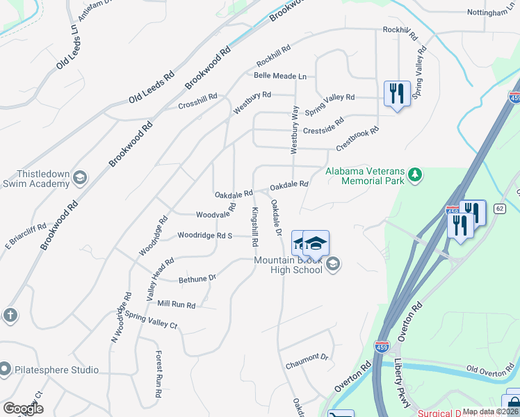 map of restaurants, bars, coffee shops, grocery stores, and more near 3620 Oakdale Drive in Birmingham