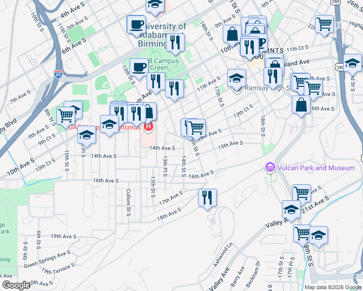 map of restaurants, bars, coffee shops, grocery stores, and more near 1355 14th Avenue South in Birmingham