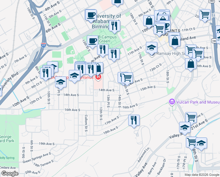 map of restaurants, bars, coffee shops, grocery stores, and more near 1317 14th Avenue South in Birmingham