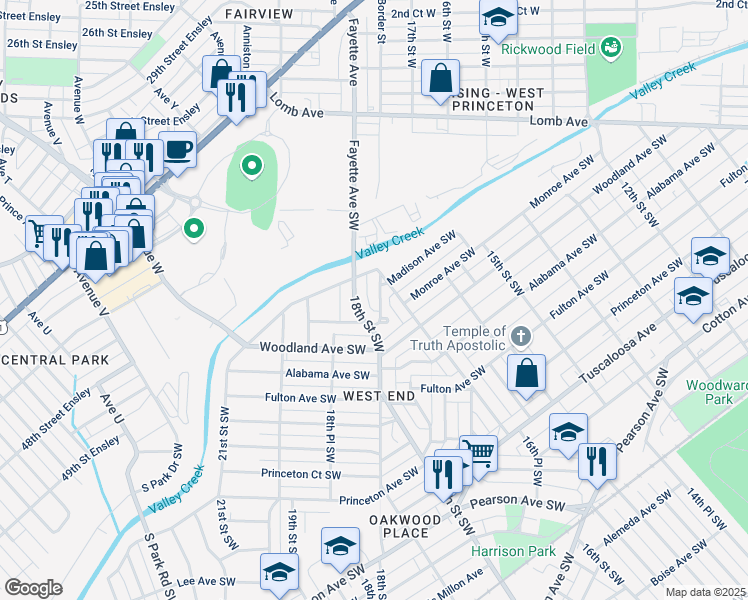 map of restaurants, bars, coffee shops, grocery stores, and more near 125 18th Street Southwest in Birmingham