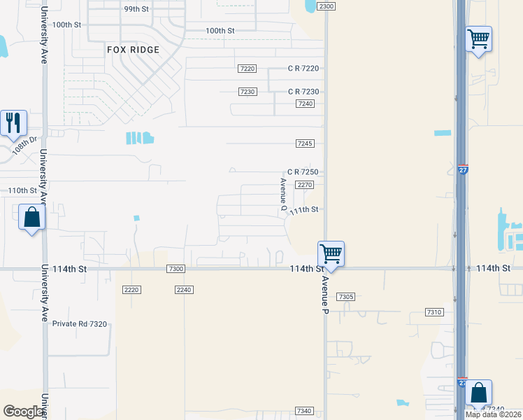 map of restaurants, bars, coffee shops, grocery stores, and more near 1651 111th Street in Lubbock