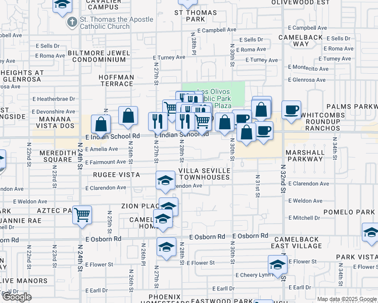 map of restaurants, bars, coffee shops, grocery stores, and more near 3851 North 28th Street in Phoenix