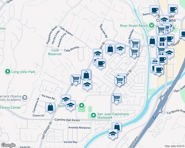 map of restaurants, bars, coffee shops, grocery stores, and more near 26063 Wagon Drive in San Juan Capistrano