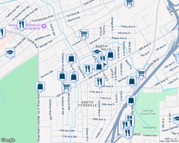 map of restaurants, bars, coffee shops, grocery stores, and more near 25 5th Court South in Birmingham