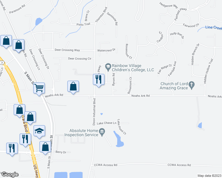 map of restaurants, bars, coffee shops, grocery stores, and more near 9558 Byrom Road in Jonesboro