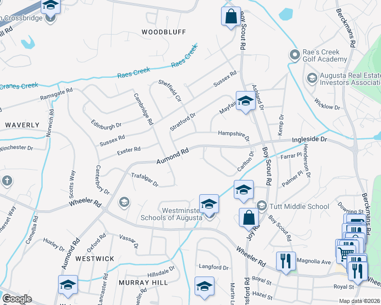 map of restaurants, bars, coffee shops, grocery stores, and more near 644 Carlton Drive in Augusta