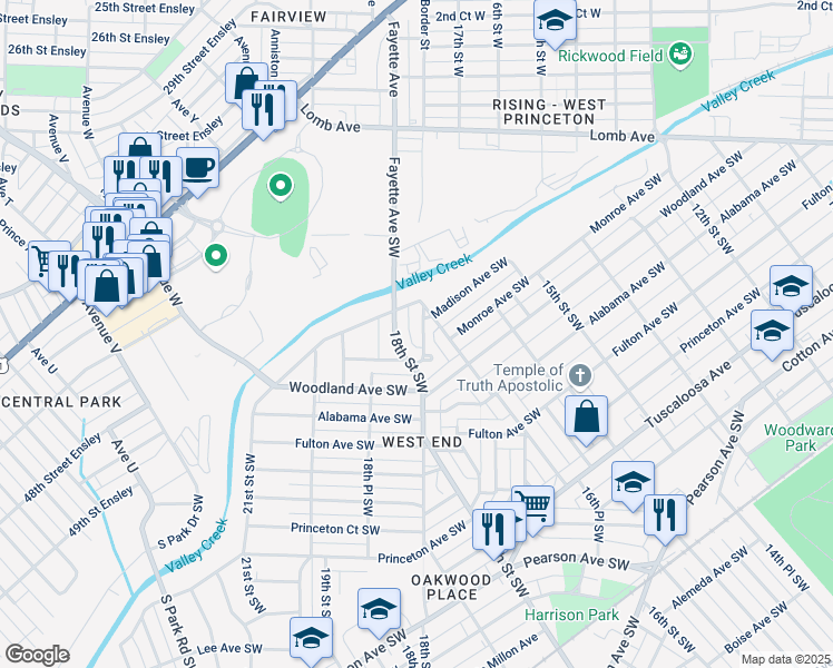 map of restaurants, bars, coffee shops, grocery stores, and more near 125 18th Street Southwest in Birmingham
