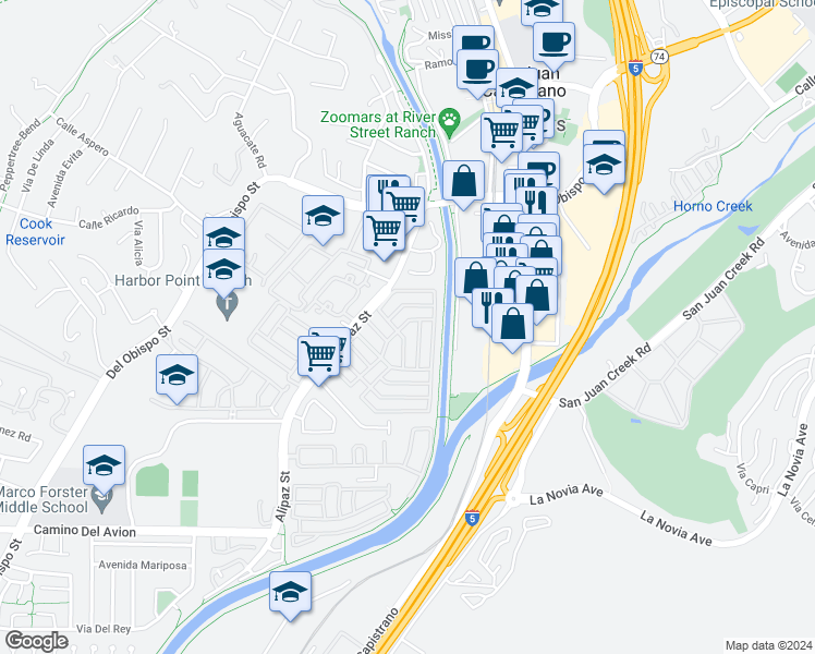 map of restaurants, bars, coffee shops, grocery stores, and more near 32302 Alipaz Street in San Juan Capistrano