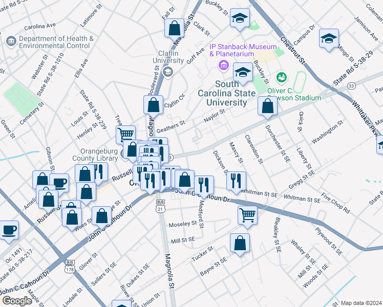 map of restaurants, bars, coffee shops, grocery stores, and more near Russell Street in Orangeburg