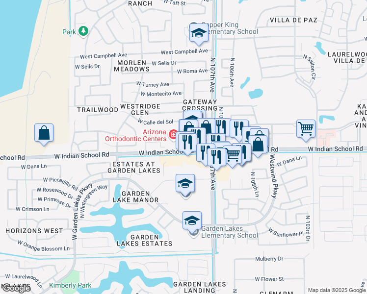map of restaurants, bars, coffee shops, grocery stores, and more near 4115 North 108th Avenue in Phoenix