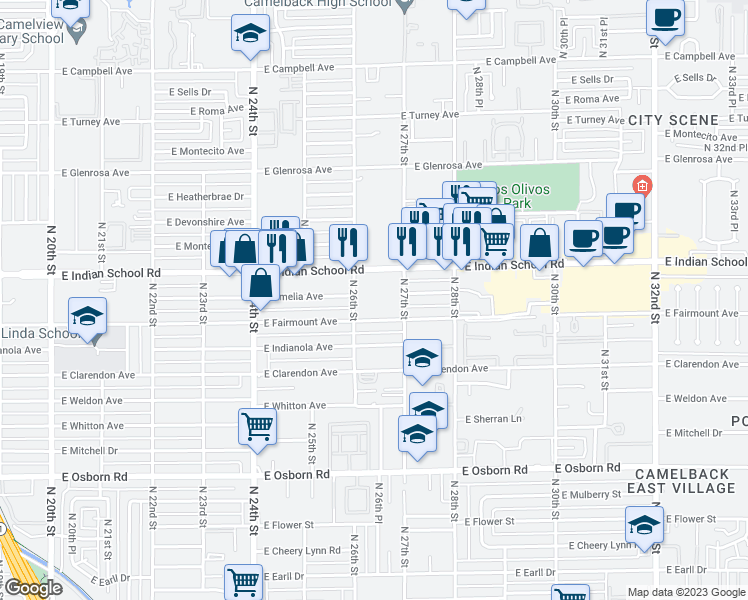 map of restaurants, bars, coffee shops, grocery stores, and more near 2625 East Indian School Road in Phoenix