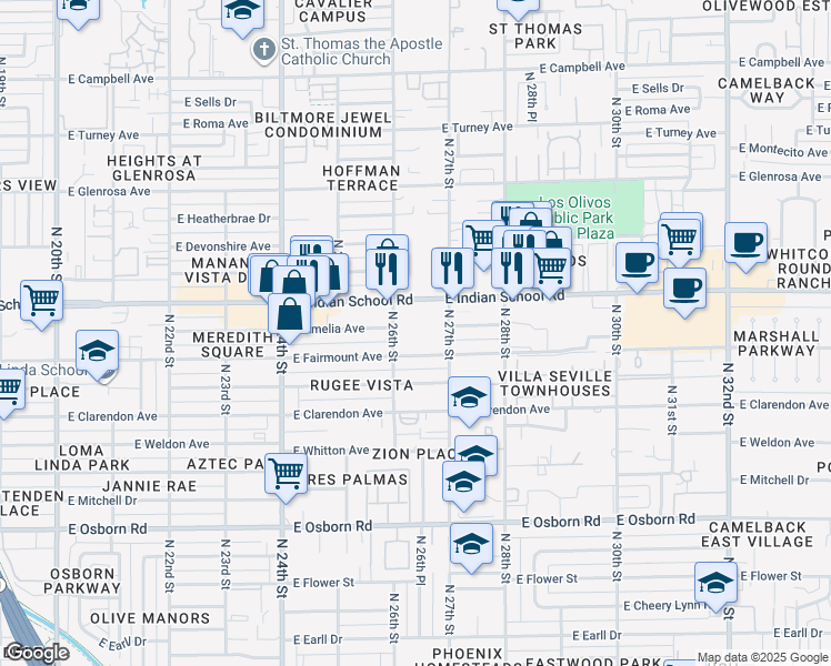 map of restaurants, bars, coffee shops, grocery stores, and more near 2625 East Indian School Road in Phoenix