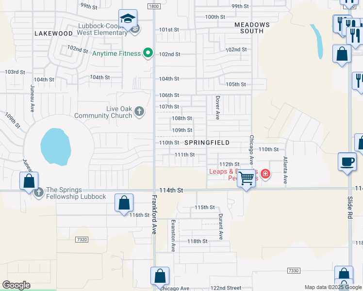 map of restaurants, bars, coffee shops, grocery stores, and more near 5722 111th Street in Lubbock
