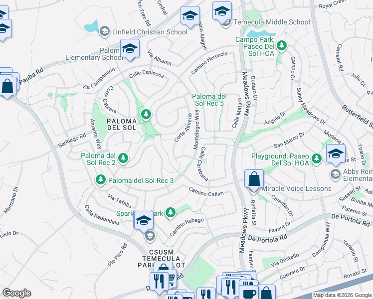 map of restaurants, bars, coffee shops, grocery stores, and more near 43420 Corte Benitez in Temecula