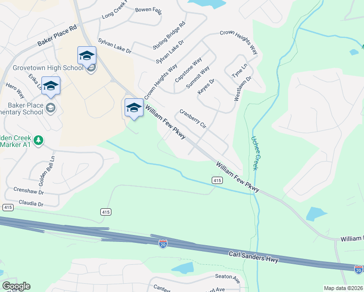 map of restaurants, bars, coffee shops, grocery stores, and more near 1940 William Few Parkway in Grovetown