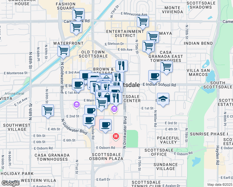 map of restaurants, bars, coffee shops, grocery stores, and more near in Scottsdale