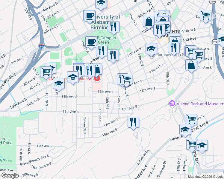 map of restaurants, bars, coffee shops, grocery stores, and more near 1355 14th Avenue South in Birmingham