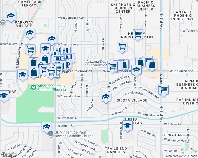 map of restaurants, bars, coffee shops, grocery stores, and more near 3851 North 48th Avenue in Phoenix