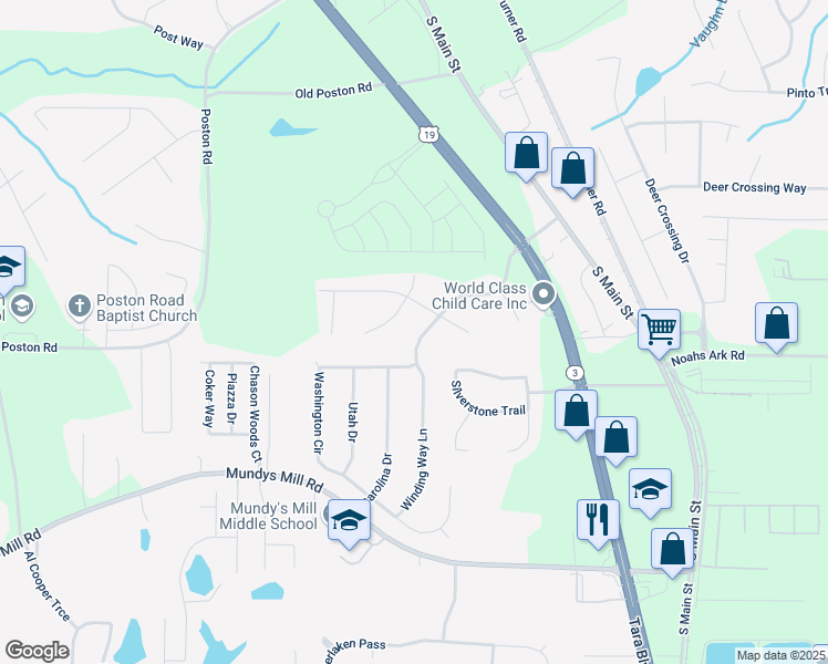 map of restaurants, bars, coffee shops, grocery stores, and more near 9577 Winding Way Lane in Jonesboro