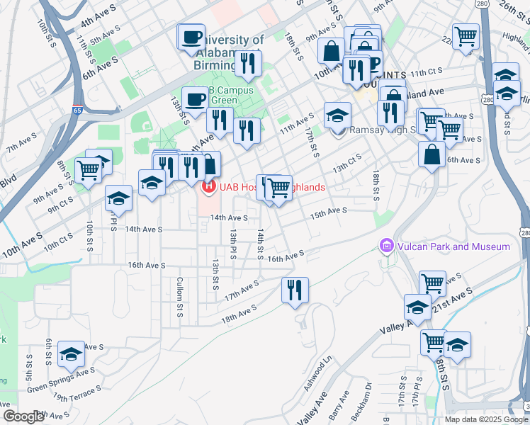 map of restaurants, bars, coffee shops, grocery stores, and more near 1355 14th Avenue South in Birmingham