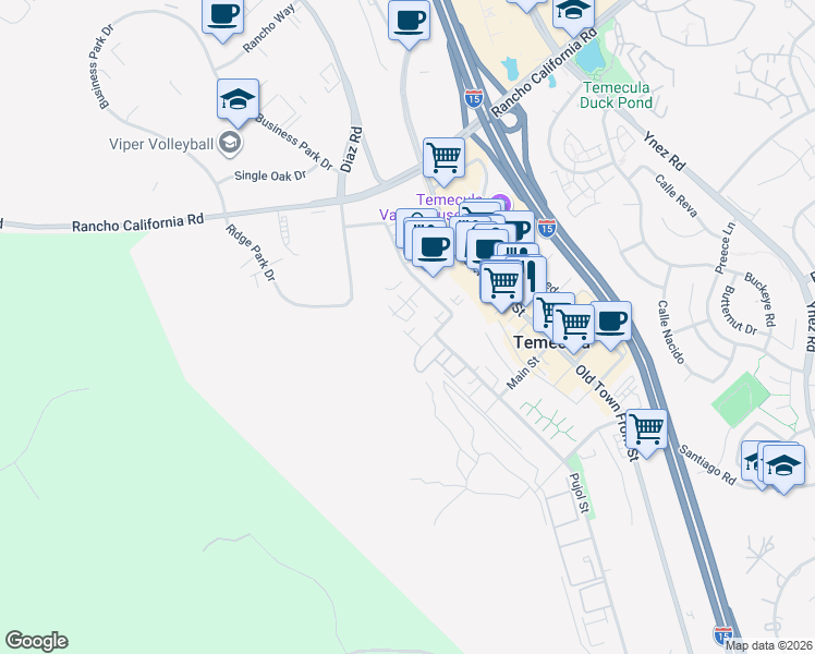 map of restaurants, bars, coffee shops, grocery stores, and more near 28426 Pujol Street in Temecula