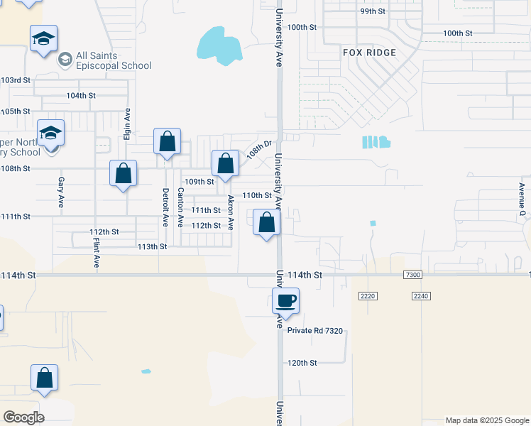 map of restaurants, bars, coffee shops, grocery stores, and more near 2506 112th Street in Lubbock