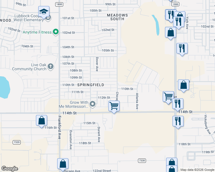 map of restaurants, bars, coffee shops, grocery stores, and more near 5516 111th Street in Lubbock