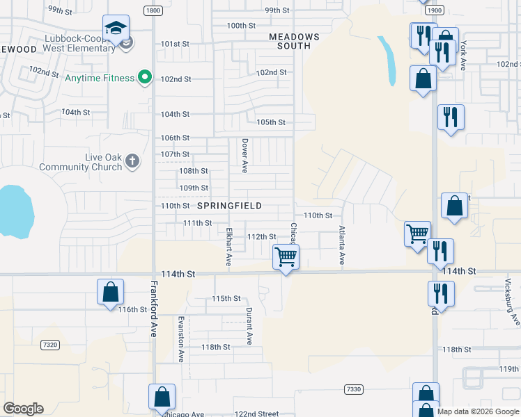 map of restaurants, bars, coffee shops, grocery stores, and more near 5516 111th Street in Lubbock