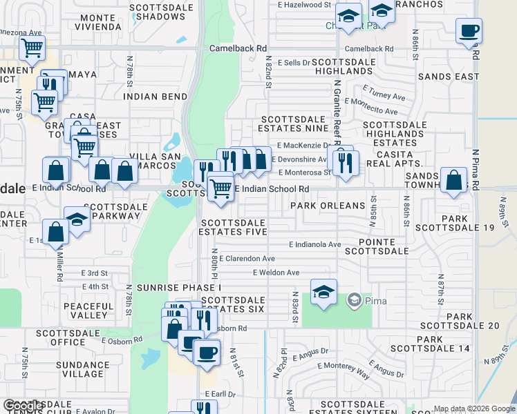 map of restaurants, bars, coffee shops, grocery stores, and more near 8202 East Piccadilly Road in Scottsdale