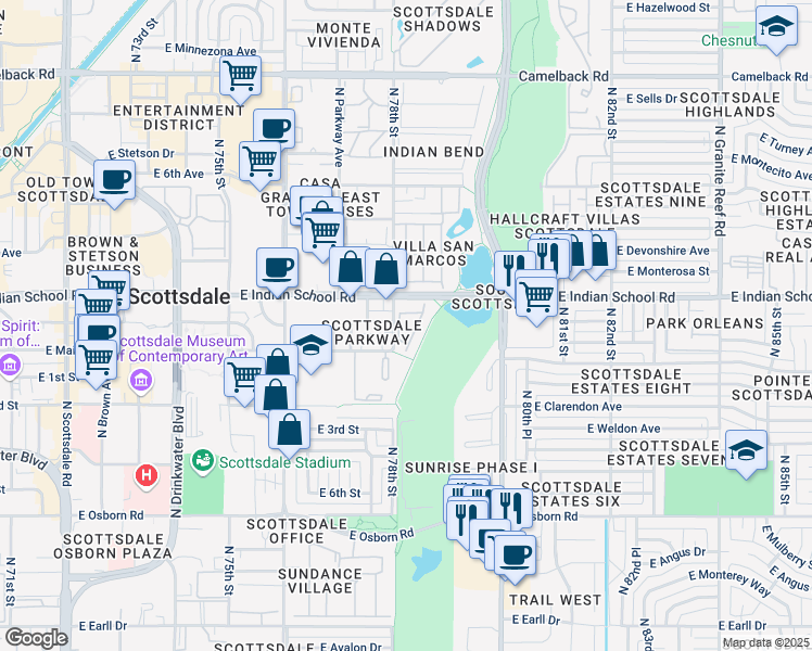 map of restaurants, bars, coffee shops, grocery stores, and more near 4015 North 78th Street in Scottsdale