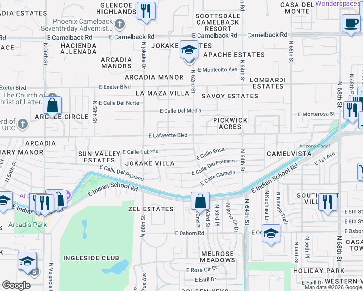 map of restaurants, bars, coffee shops, grocery stores, and more near 6139 East Calle Tuberia in Scottsdale