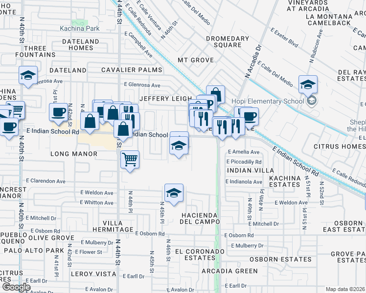 map of restaurants, bars, coffee shops, grocery stores, and more near 4703 East Indian School Road in Phoenix