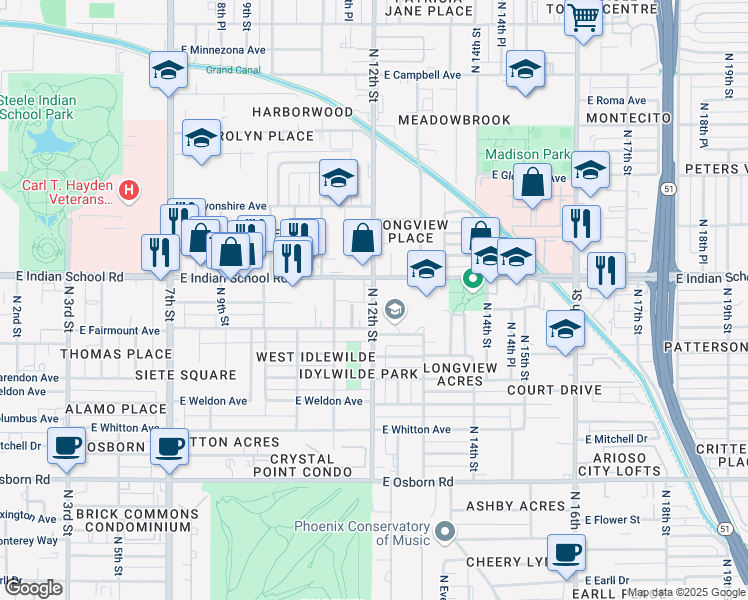 map of restaurants, bars, coffee shops, grocery stores, and more near 1209 East Indian School Road in Phoenix