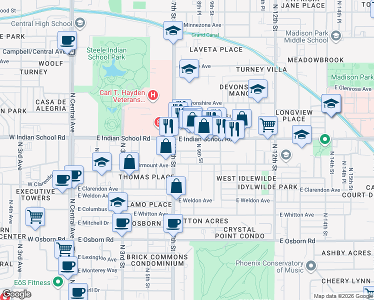 map of restaurants, bars, coffee shops, grocery stores, and more near 807 East Amelia Avenue in Phoenix