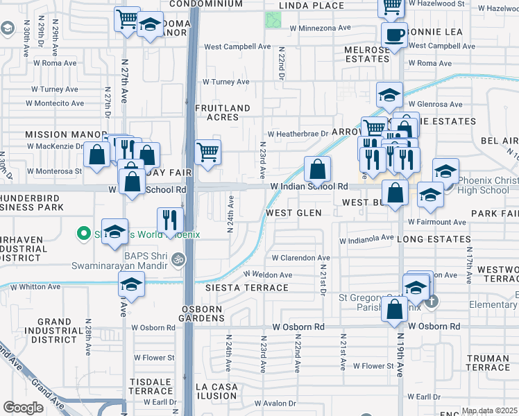 map of restaurants, bars, coffee shops, grocery stores, and more near 3902 North 23rd Avenue in Phoenix