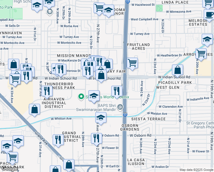 map of restaurants, bars, coffee shops, grocery stores, and more near 4021 North 27th Avenue in Phoenix